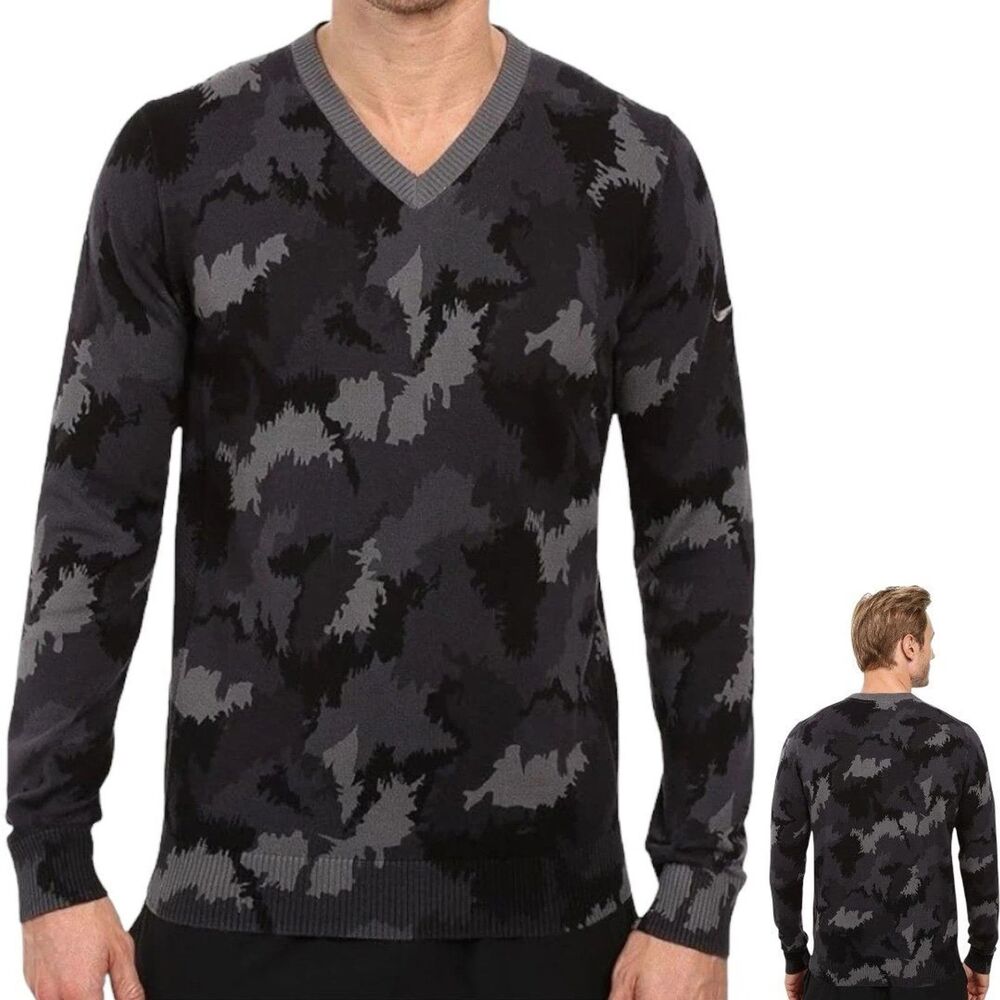 Nike Golf Sweater Mens L Gray Black Camo V Neck Cotton Pullover 803285-063